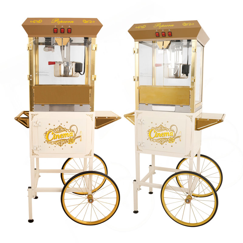 Machine à maïs soufflé commercial 16 oz avec chariot et bouilloire 16 oz, machine à maïs soufflé cinéma, machine à maïs soufflé gris argenté avec contrôle à 3 interrupteurs et portes en verre trempé à cadre en acier