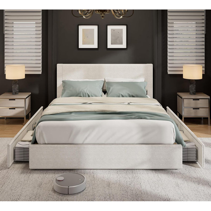 Platform Bed with 4 Storage Drawers, Upholstered Corduroy, King