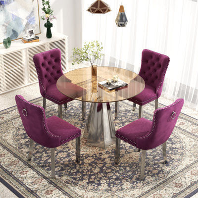 Modern Round Dining Table Set with Tufted Velvet Dining Chair and Brown Tempered Glass Table Top