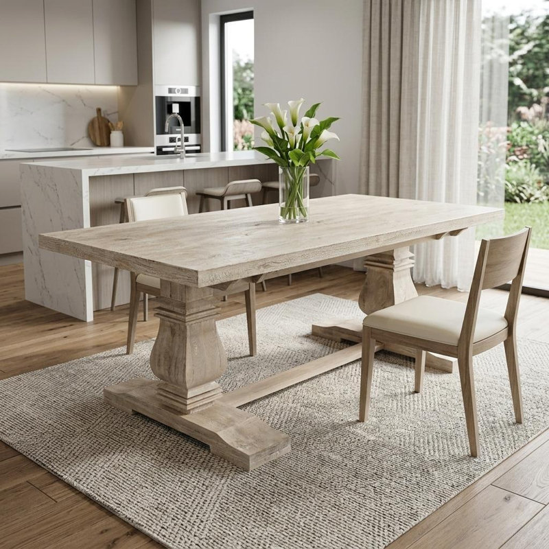 Table de salle à manger 81 "à tréteaux en bois massif blanc antique 81"