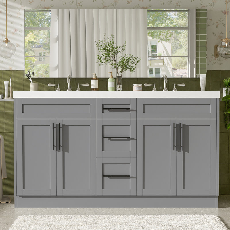 Contemporary 59.3 Inch Double Sink Bathroom Vanity With Smc Top, Mdf Cabinet, Solid Wood Frame, Soft Close Doors, Gray