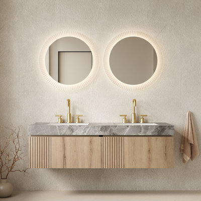Meuble-lavabo et lavabo de 60 po MURI, armoire de rangement en contreplaqué flottant, plateau en pierre frittée gris clair et 2 lavabos en céramique avec 3 trous de robinet pré-percés, pré-assemblé, couleur grain de bois de chêne blanc