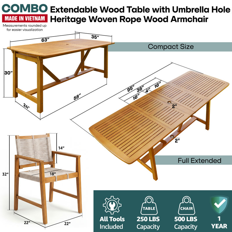  Ensemble de 9 ensembles de salle à manger d'extérieur, table rectangulaire extensible de 63 à 95 po avec trou pour parasol et 6 chaises tissées à la main, utilisation respirante toutes saisons et installation sans effort - naturel, pour 6 à 8 personnes