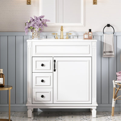 Meuble-lavabo de 76 cm avec lavabo en céramique, poignées boutons de style vintage et tablette réglable, idéal pour les salles de bain compactes. Gain d'espace de 76 cm dans les petites salles de bain.