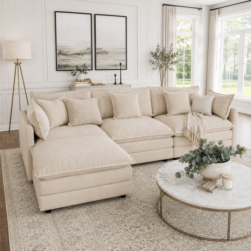 Canapé modulaire moderne en forme de L, canapé rembourré en chenille 3 places avec repose-pieds, canapé compact à assise profonde avec housses de coussin amovibles, canapé confortable pour le salon, l’appartement et la chambre à coucher