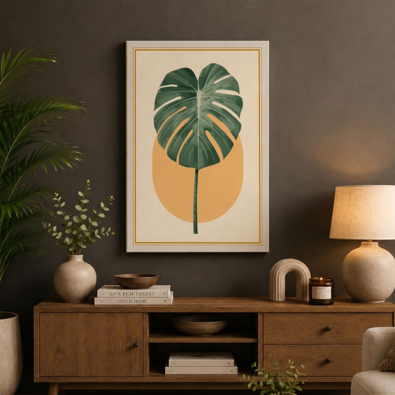 Monstera and Sun Botanical - Wrapped Canvas, 36x24 - 91.4 x 61.0 cm, Sage Border