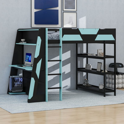 Full Size Gaming Loft Bed With Side-Mounted Desk & 3-Tier Storage Shelves