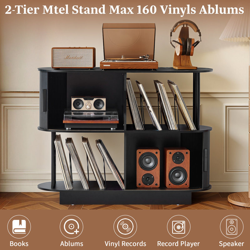 2 Tier 160 vinyl record players  Audio Media Cabinet Storage, Black