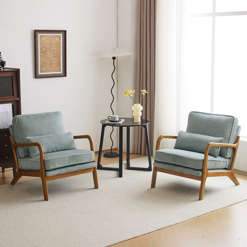 Lemley Mid Century Solid Wood Accent Chair Upholstered Armchair With An Extra Pillow （Set Of 2), Blue Corduroy
