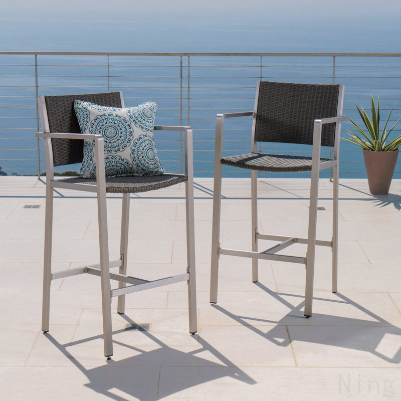 Outdoor 29.50" Rust-Proof Aluminum Barstools With Pe Rattan Seat And Backrest, Set Of 2, Silver & Grey