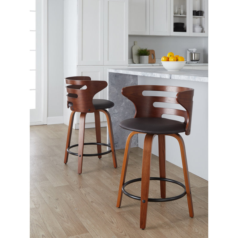 Walnut and Black Swivel Counter Stools with Bent Wood Back