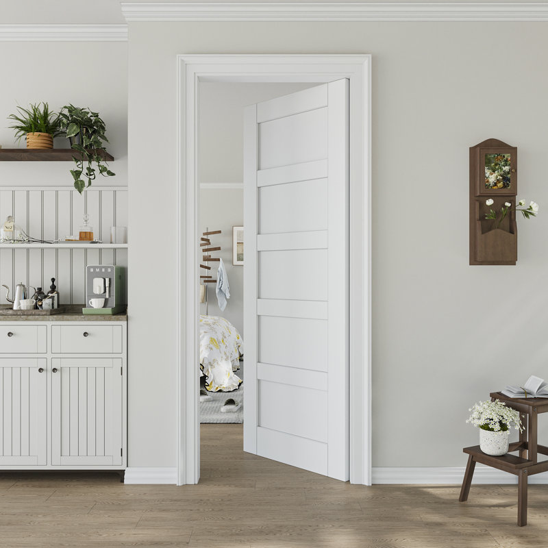 Primed Slab Door 5-Paneled Solid Core Wood Standard Door Without Hardware Kit, 24" x 80"