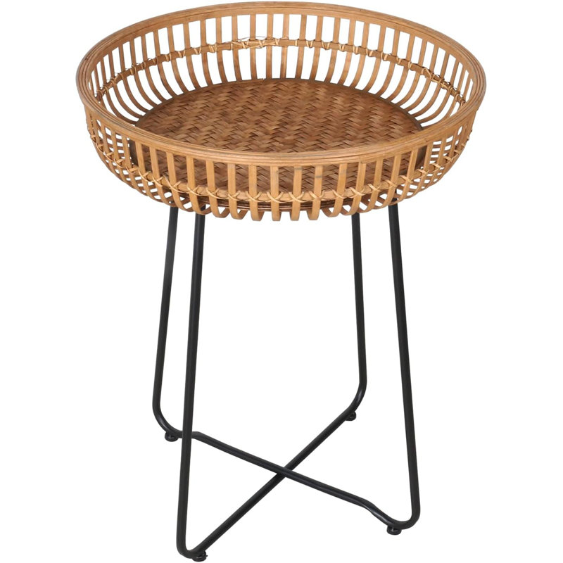 Bamboo And Rattan Round Side Table With Boho Style, Multi-Functional Accent Table For Living Room, Bedroom, Or Balcony
