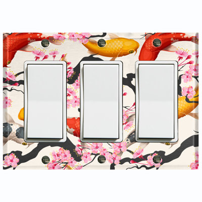 Colorful Koi Fish Sakura Tree Nature Themed 3 - Gang Rocker Standard Wall Plate