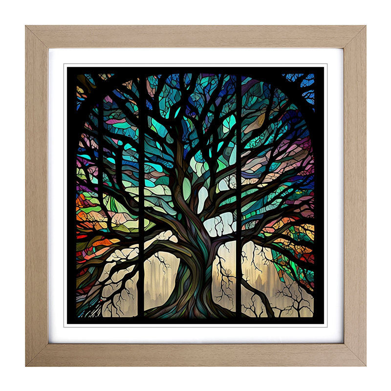 Tree Stained Glass Effect - Framed Print, Oak