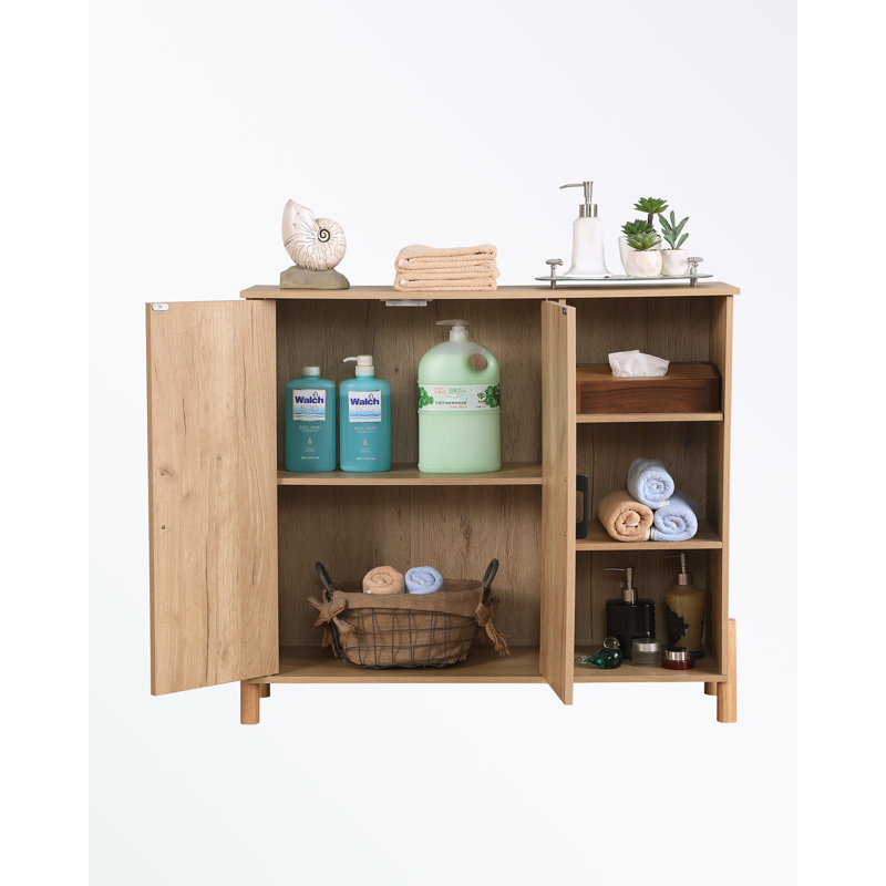 Storage Cabinet with Woven Rattan Doors and Open Shelves