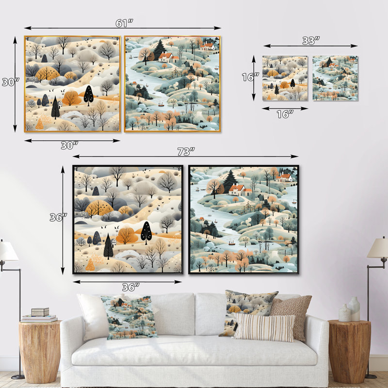 Winter Winter Scandinavian Landscape II - ensemble de 2 collage de paysage carré, Cadre flottant noir, H 36 po x l 73 po
