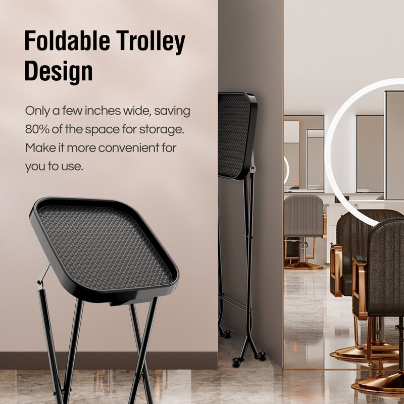 Black Metal Foldable Salon Utility Cart with Wheels