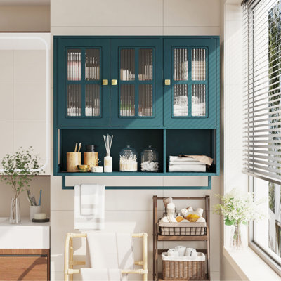 Armoire murale de salle de bain, armoire murale en bois à 3 portes avec espace de rangement ouvert et caché, armoire à pharmacie avec porte en verre et barre à serviettes pour le salon du vestibule