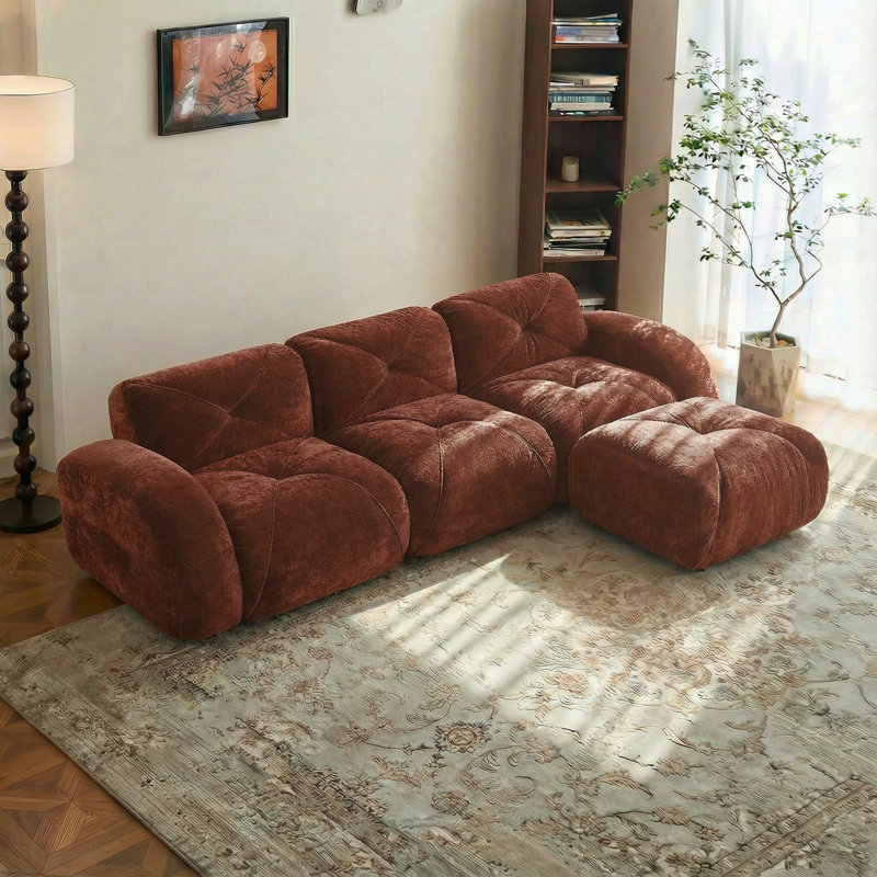 Tissu en velours doux en forme de L, canapé désossé, conception capitonnée, base ergonomique, éponge haute densité 32D, aucun assemblage requis, conception antidérapante, repose-pieds mobile pour le salon