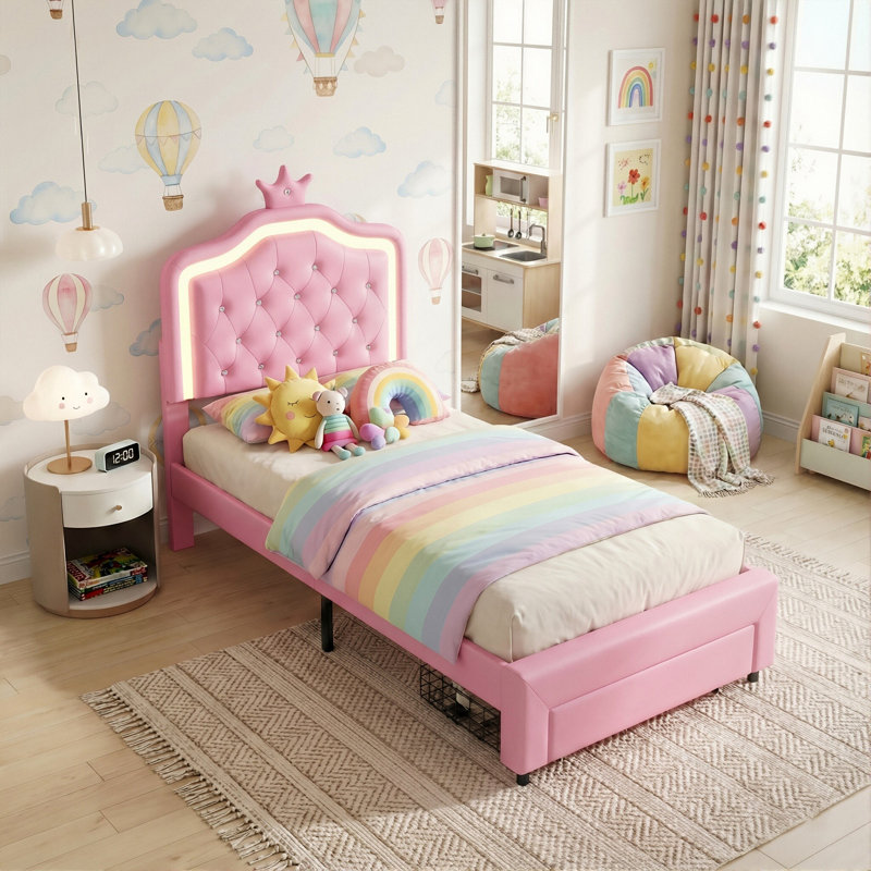 Princess Bed With LED Crown Headboard & Drawer(S), Faux Leather Storage Frame, White & Pink, Pink