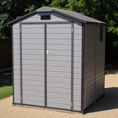 6x6 Ft Plastic Outdoor Storage Shed - Lockable Resin Tool Shed With Window & Floor, Dark Gray