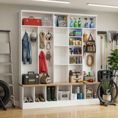 67" Wide Garage Storage Cabinet Hall Tree with Bench, Hooks & Shelves, White