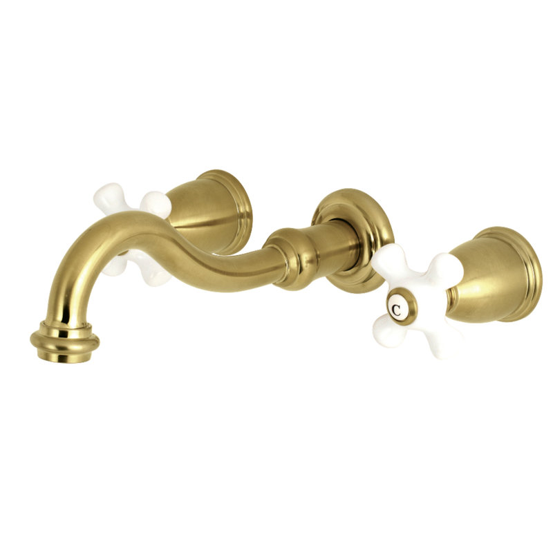 Restoration Double Handle Wall Mounted Tub Spout, Brushed Brass