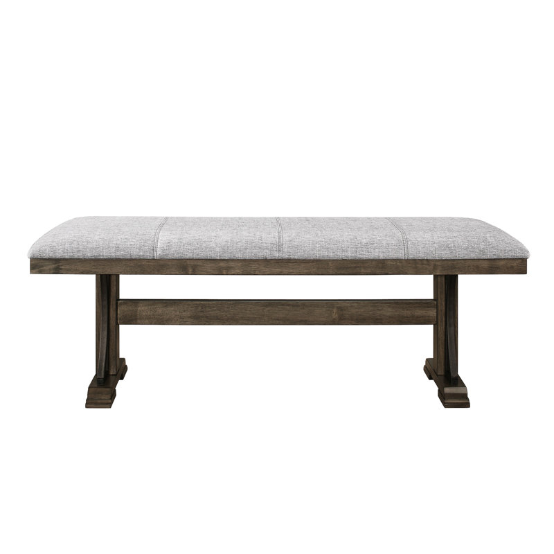Banc rembourré en tissu brun foncé, rectangulaire, bois et métal avec structure et assise