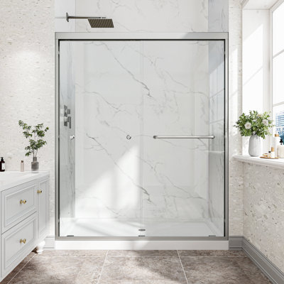 Porte de douche coulissante double en nickel brossé à installation double réversible de 55 à 60 po x H 72 po, structure en alliage d'aluminium, verre trempé de 1/4 po (6 mm) avec membrane antidéflagrante, installation facile
