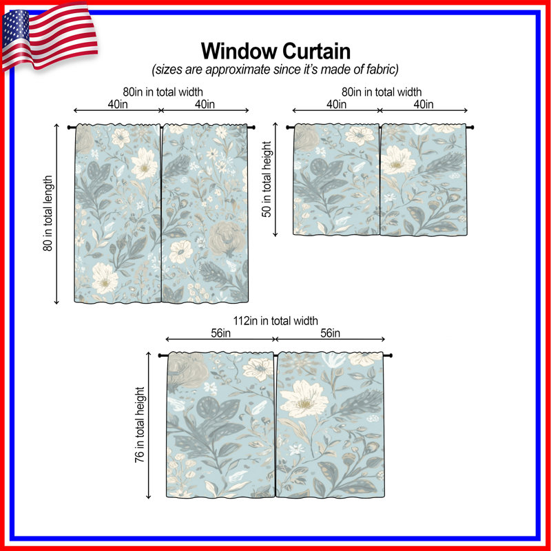 Rideaux de fenêtre à motif floral bleu et fleurs obscurcissant - 2 panneaux, 20in x 60in - 2 panels