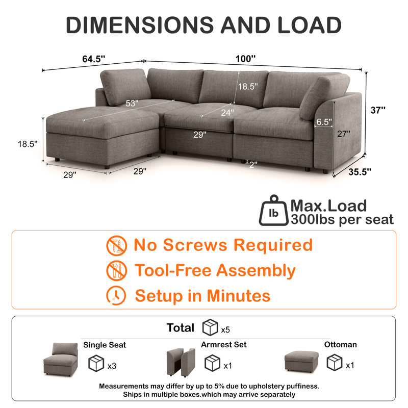 4 Piece 100" Sectional Modular Sofa With Storage, Light Gray Chenille, 37" H X 100" W x 64.5" D