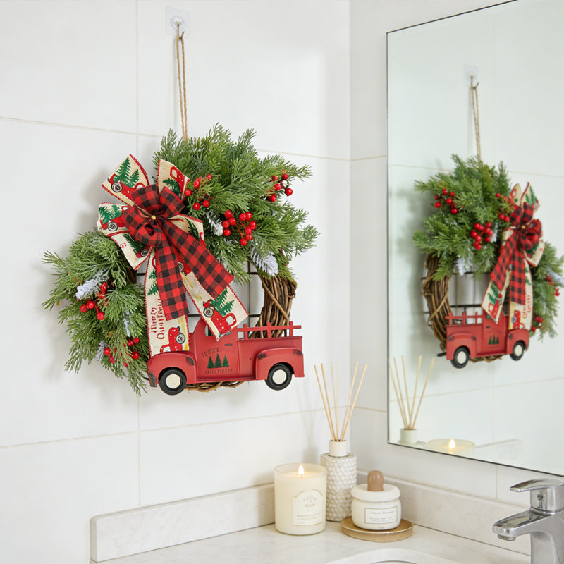 Couronne de Noël polyvalente 1 pièce avec couronne de ramassage rétro rouge à motif de carreaux Buffalo, décorations de couronne suspendue pour les fêtes