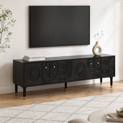 Geometric Carved TV Stand for TVs Up to 75", Entertainment Center with 4-Door Storage - 66.9IN / Black