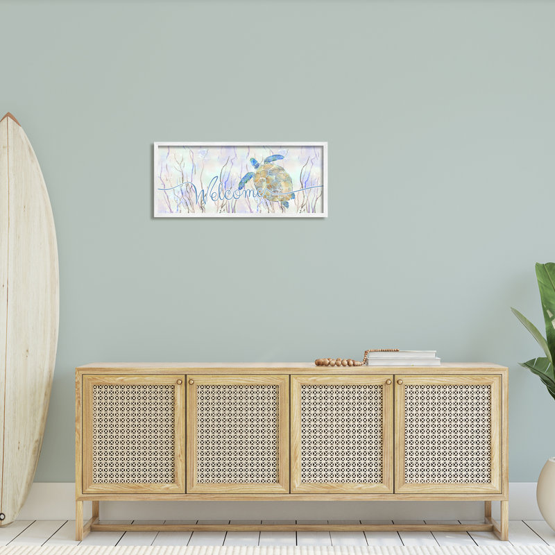 «Welcome Greeting Blue Tropical Sea To» par Ziwei Li 916, H 13 po x l 30 po x P 1,5 po, Giclée encadrée blanc bord de mer