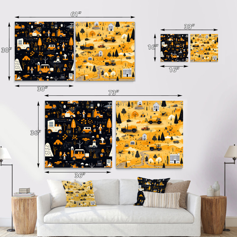 Zone de construction jaune occupée pour chambre à coucher pour garçons - ensemble de 2 art mural en verre acrylique pour enfants