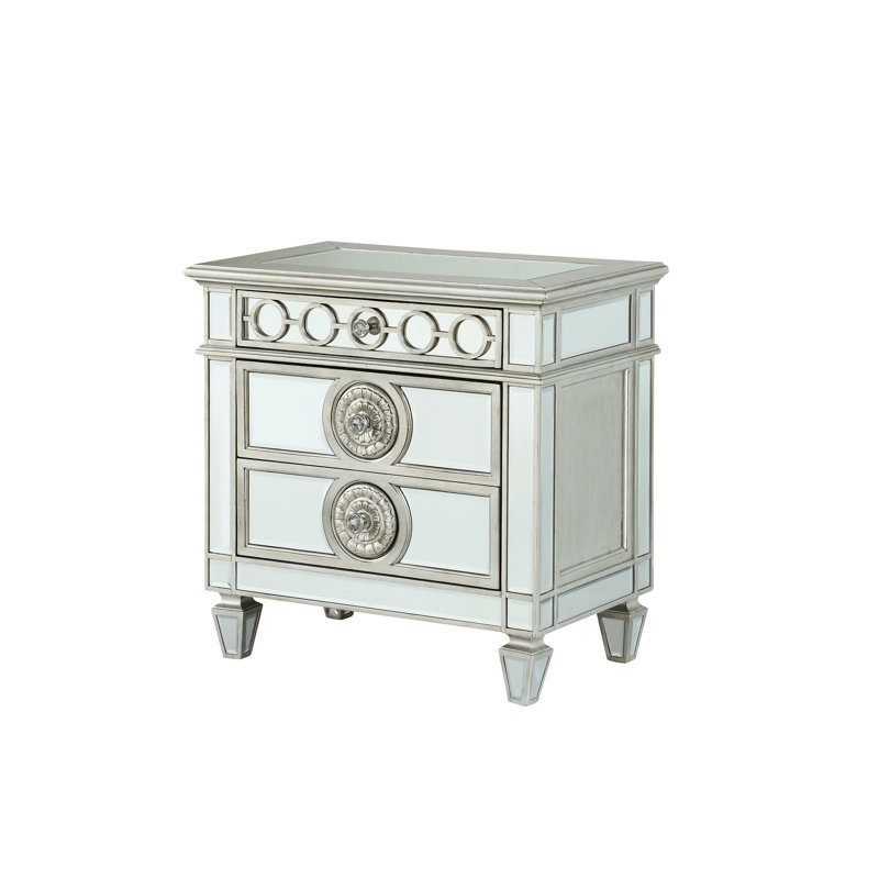 Table de chevet sophistiquée à miroir - Tiroirs à glissière en métal, détails géométriques élégants, cristal