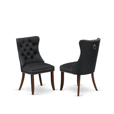 Denison Parson Dining Room Chairs - Button Tufted Nailhead Dark Gray Polyester Fabric Padded Chairs, Set of 2, Mahogany