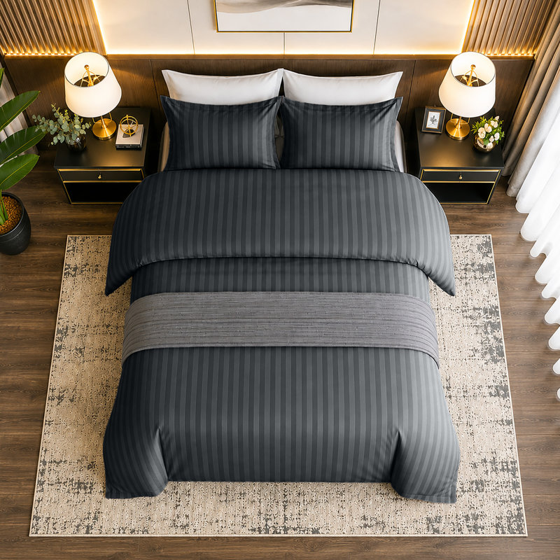 Microfiber Striped Duvet Cover Set with Matching Pillowcases and Stripe Fitted Sheet, Charcoal