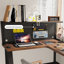 Bureau en bois massif brun et noir en forme de L-590495778-590495790
