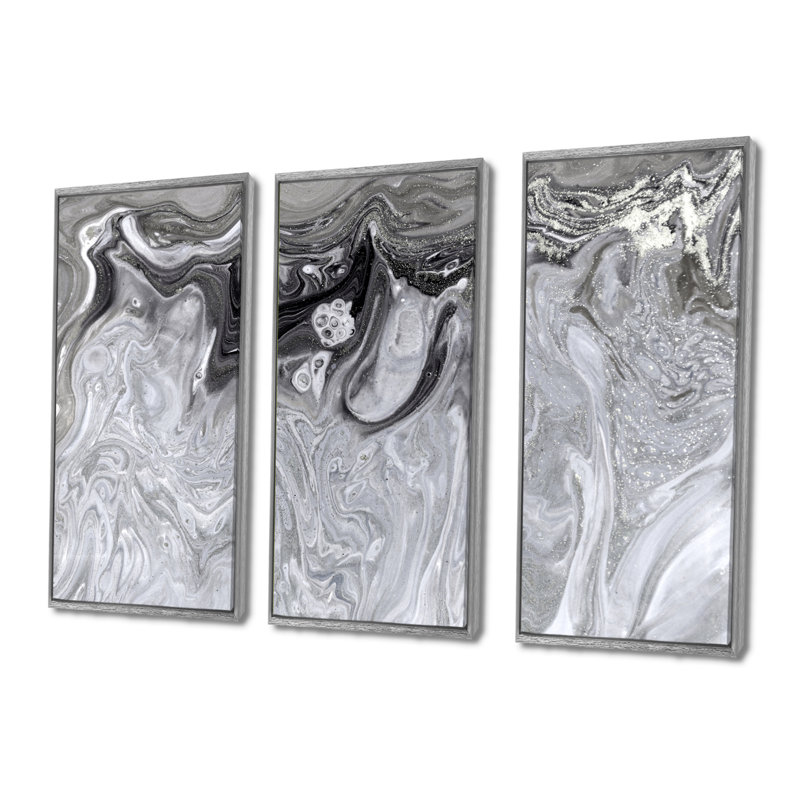 Gris abstrait, art liquide, ensemble d'art mural moderne sur toile encadrée, Argent argent, H 28 po x l 36 po