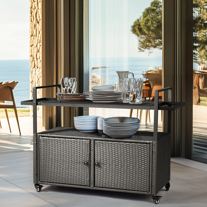 Black Rattan Bar Table With Wheels, Black