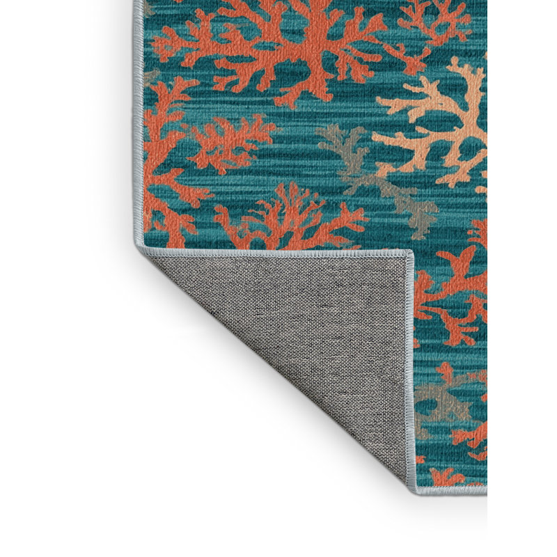 Washable Aqua and coral Nautical Area Rug, Round 4'