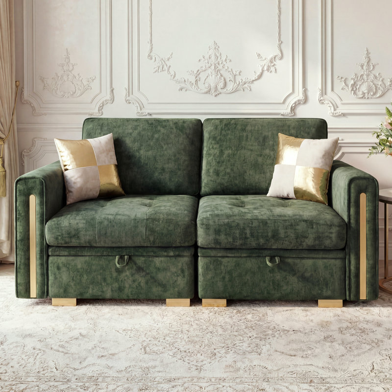 2-Piece Modular Sleeper Sectional Couch with Storage Seat, Luxury Chenille Sectional Sofa with Gold Legs and Accent, Green