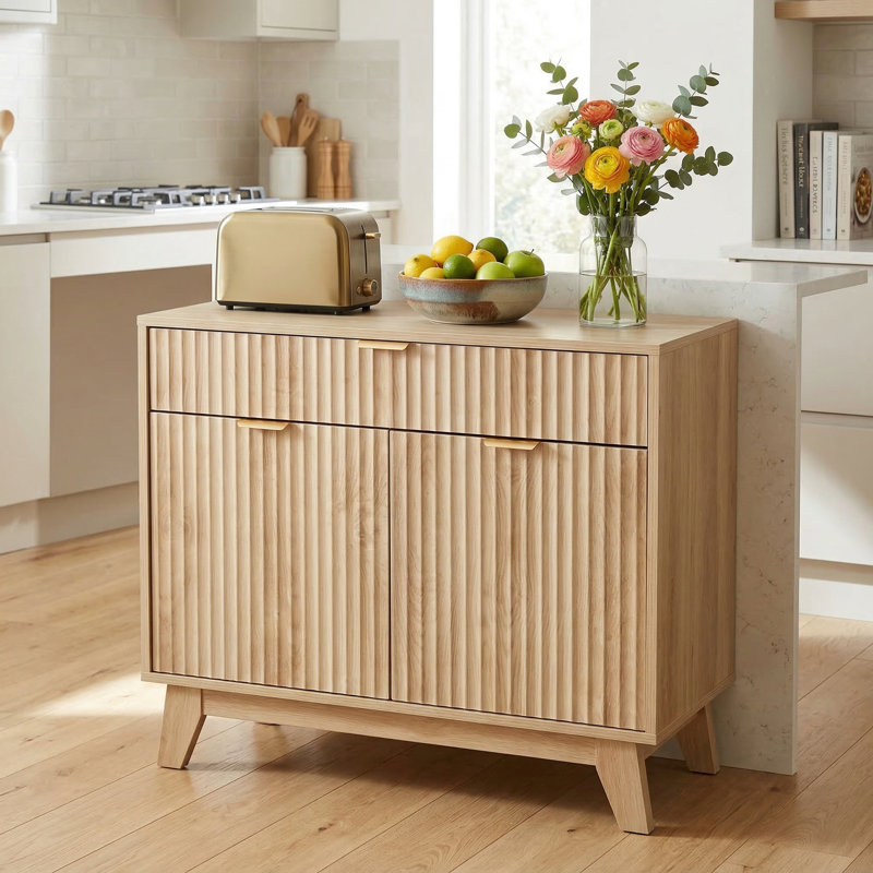 Fluted Buffet Cabinet with Storage, Sideboard Cabinet with Adjustable Shelf and Drawer for Dining Room,  Living Room, Kitchen, Entryway, Natural Oak