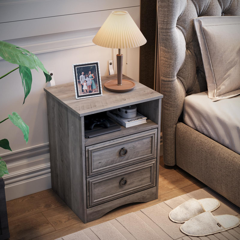 Gray Wash 2-Drawer Nightstand Set with Metal Handles