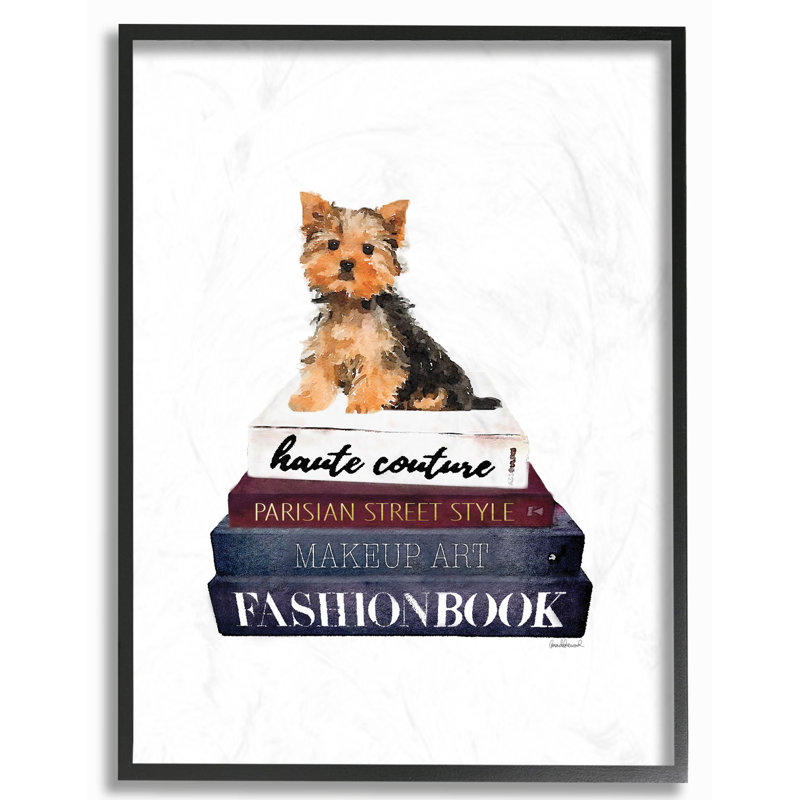 « mode designer pet dog bookstack », impression, H 20 po x l 16 po, Giclée encadrée noir minuit
