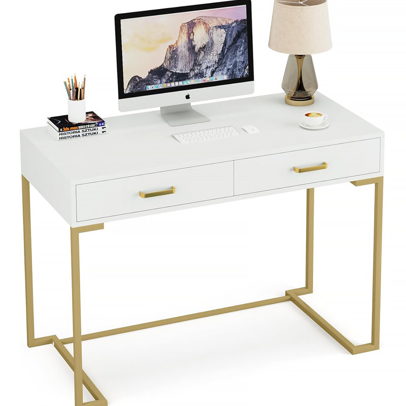 Bureau d'ordinateur 40 po blanc et doré avec 2 tiroirs, bureau à domicile moderne, table d'écriture compacte, bureau de coiffeuse pour petits espaces, structure en métal, style minimaliste