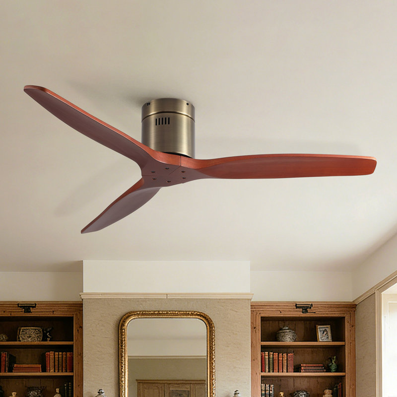 52 Inch American Mordern Cozy Vibrant Natural Style Solid Wood Low Profile Flush Ceiling Fan Without Light, Bronze, Brown