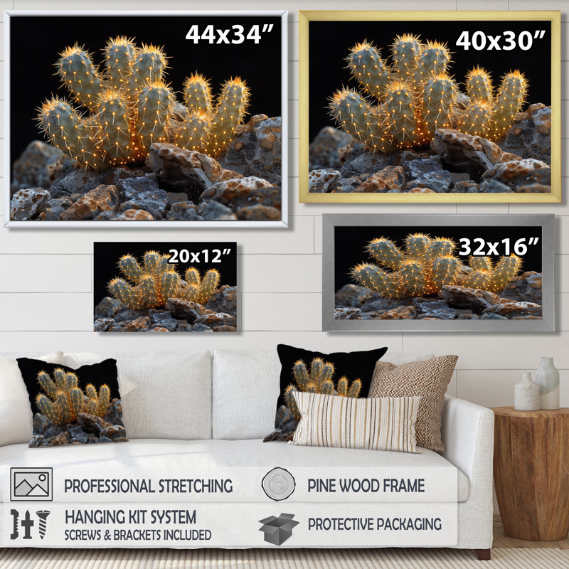 Cactus jaune, jaune, noir, coucher de soleil, cactus floral, salon, Toile avec cadre flottant or